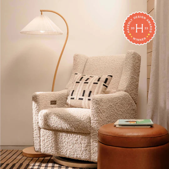 Kiwi Glider Recliner w/ Electronic Control and USB in Almond Teddy Loop w/ Light Wood Base