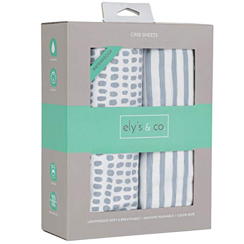 Elys Waterproof Crib Sheets Misty Blue Stripes & Splashes
